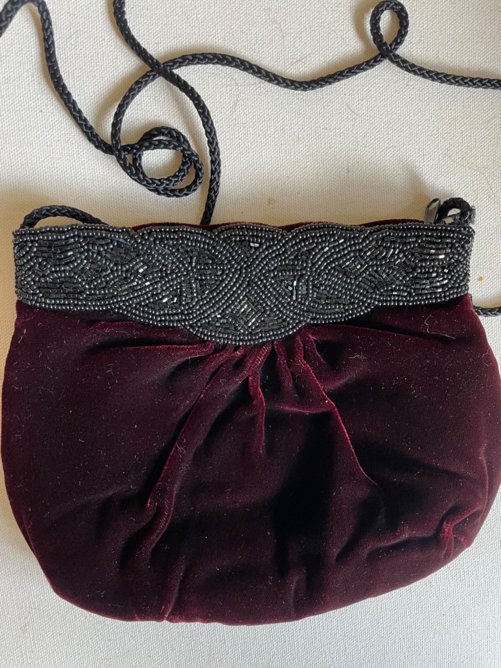 Vintage Burgundy Velvet Evening Bag with black beading